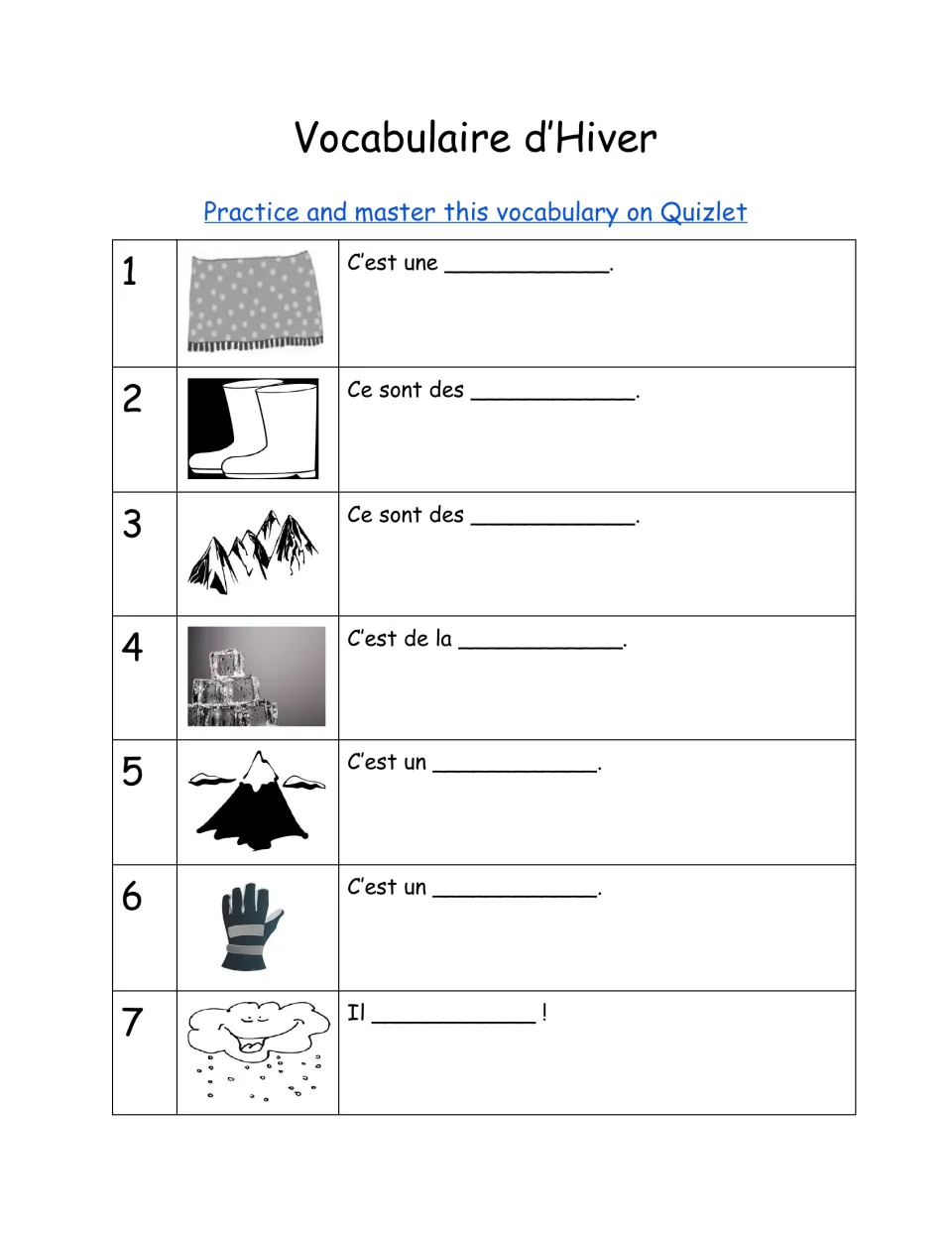 French winter vocabulary practice, items 1–7: picture prompts for boots, mountains, ice, a glove, and snow.