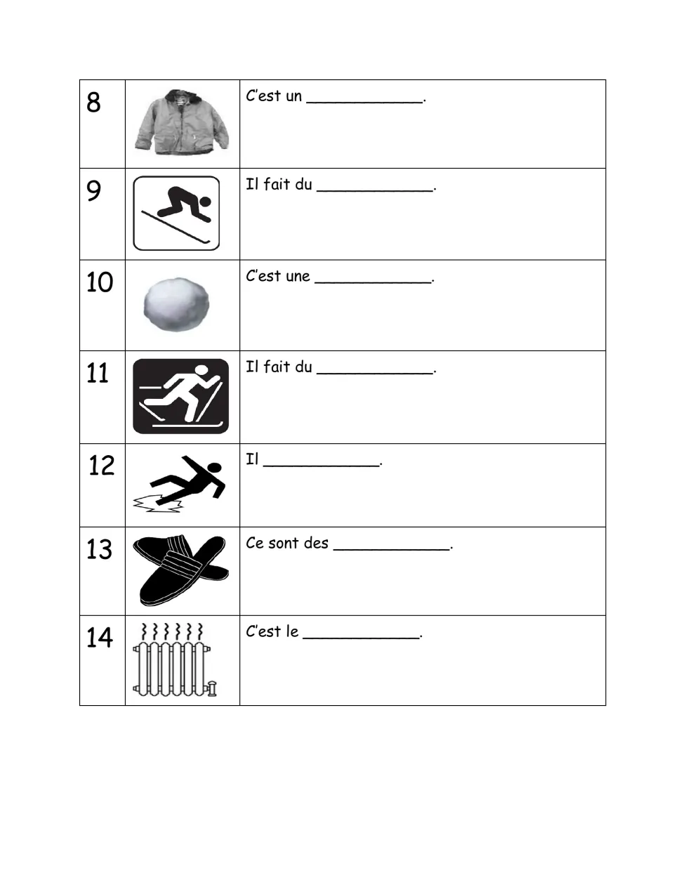 French winter vocabulary practice, items 8–14: a jacket, snowball, slippers, radiator, and winter actions.