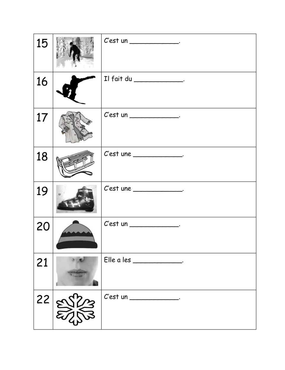 French winter vocabulary practice, items 15–22: picture prompts include a coat, sled, ski boot, and snowflake.