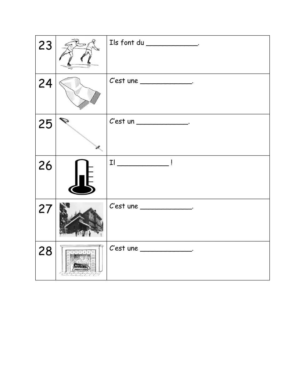 French winter vocabulary practice, items 23–28: skating, a scarf, ski pole, thermometer, house, and fireplace.