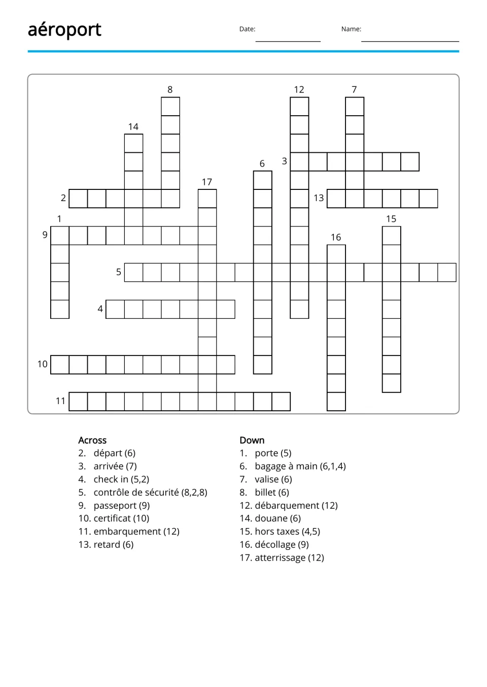 French airport copy-word crossword using 17 terms, including billet (ticket) and bagage à main (carry-on bag)