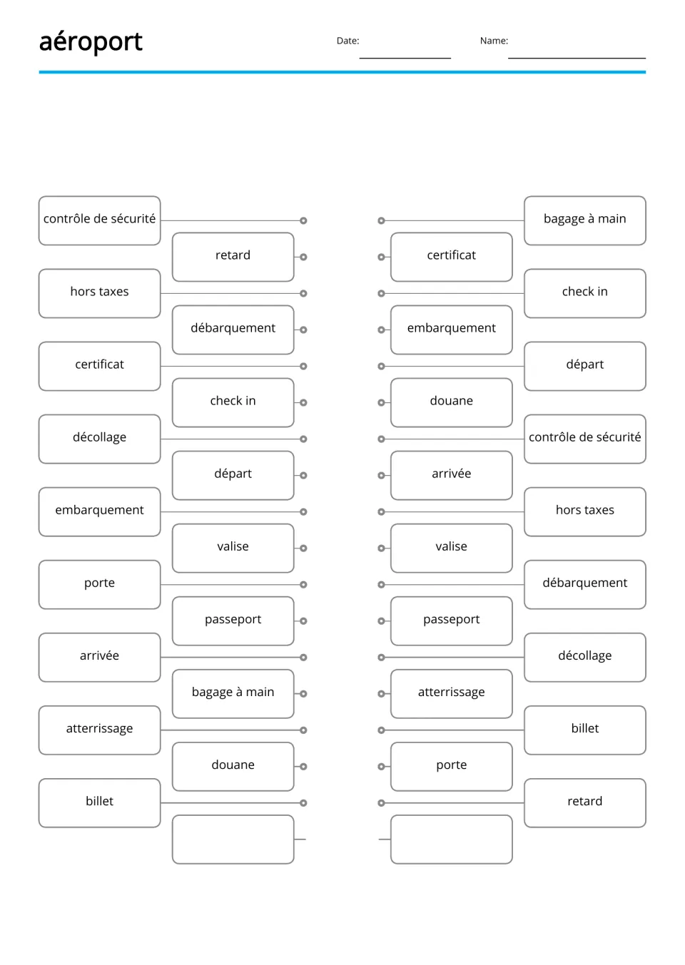 French airport word-matching activity repeats 17 terms, including douane (customs) and retard (delay)
