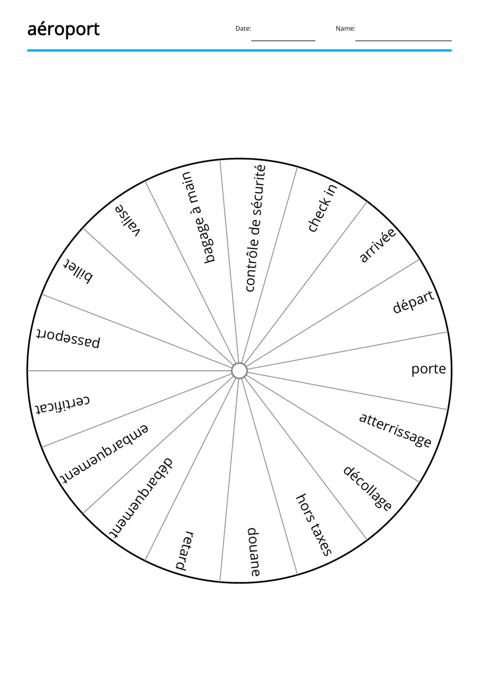 French airport vocabulary wheel featuring 17 terms, including décollage (takeoff) and atterrissage (landing)