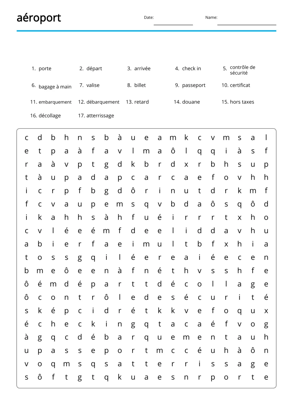 French airport word search for 17 listed terms, including passeport (passport), valise (suitcase) and porte (gate)