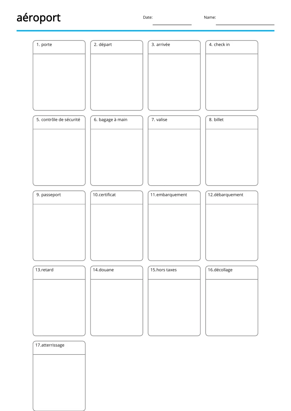 French airport blank writing board for 17 terms, including billet (ticket), passeport (passport) and douane (customs)