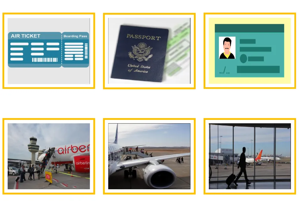 Airport vocabulary picture cards 7–12: ticket, passport, ID card, boarding stairs, airplane and terminal traveler