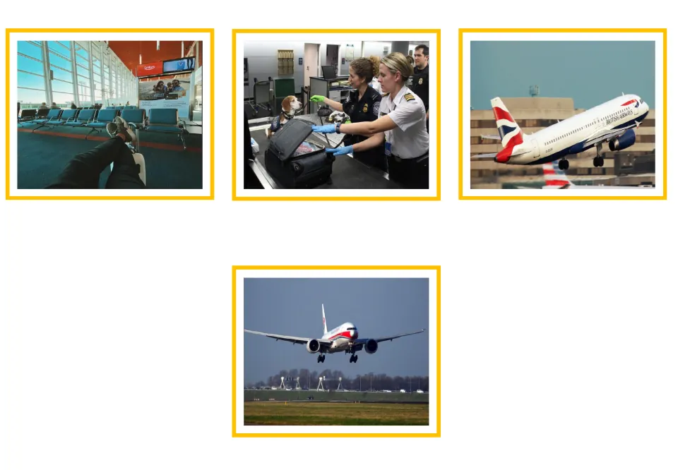 Airport vocabulary picture cards 13–16: terminal seating, baggage inspection, airplane takeoff and landing