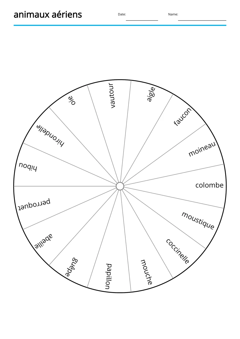 French vocabulary word wheel with 15 animal names, including vautour (vulture) and hirondelle (swallow)
