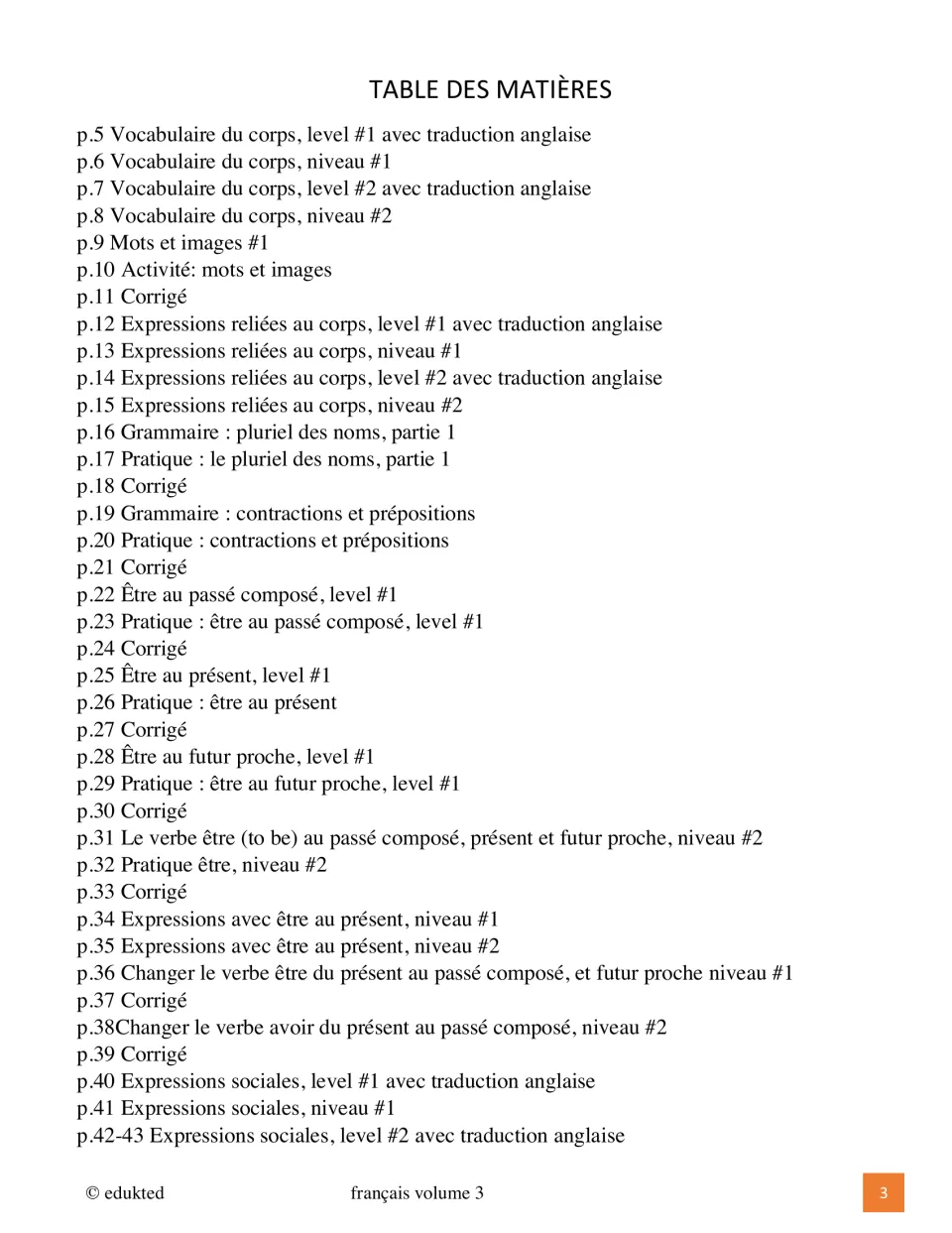First contents page lists body vocabulary, noun plurals, prepositions, être (to be), and social expressions