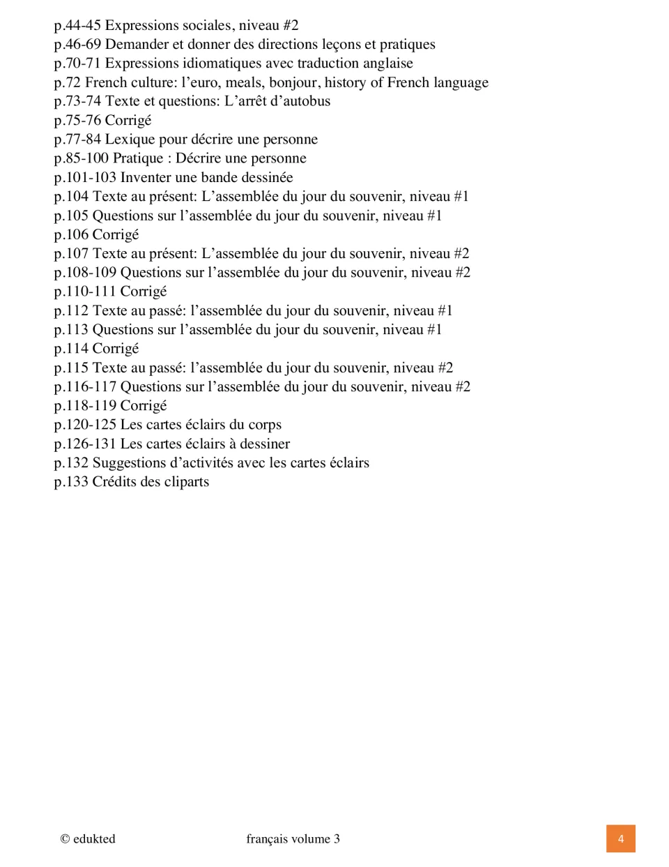 Second contents page lists directions, French culture, describing people, reading passages, and flashcards