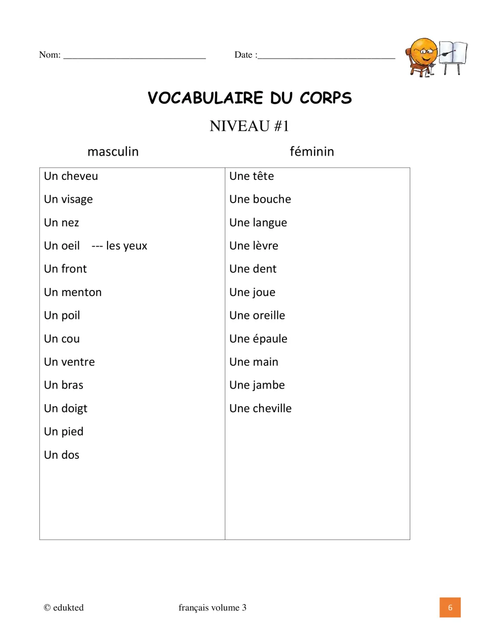 Level 1 French-only body vocabulary reference lists 24 terms, including un nez (nose) and un pied (foot)