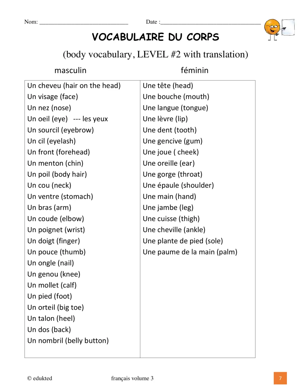 Level 2 body vocabulary reference gives 40 French terms with English meanings, including un coude (elbow)