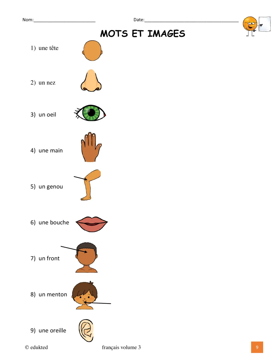 Illustrated body vocabulary reference pairs nine French words with pictures, including une main (hand)