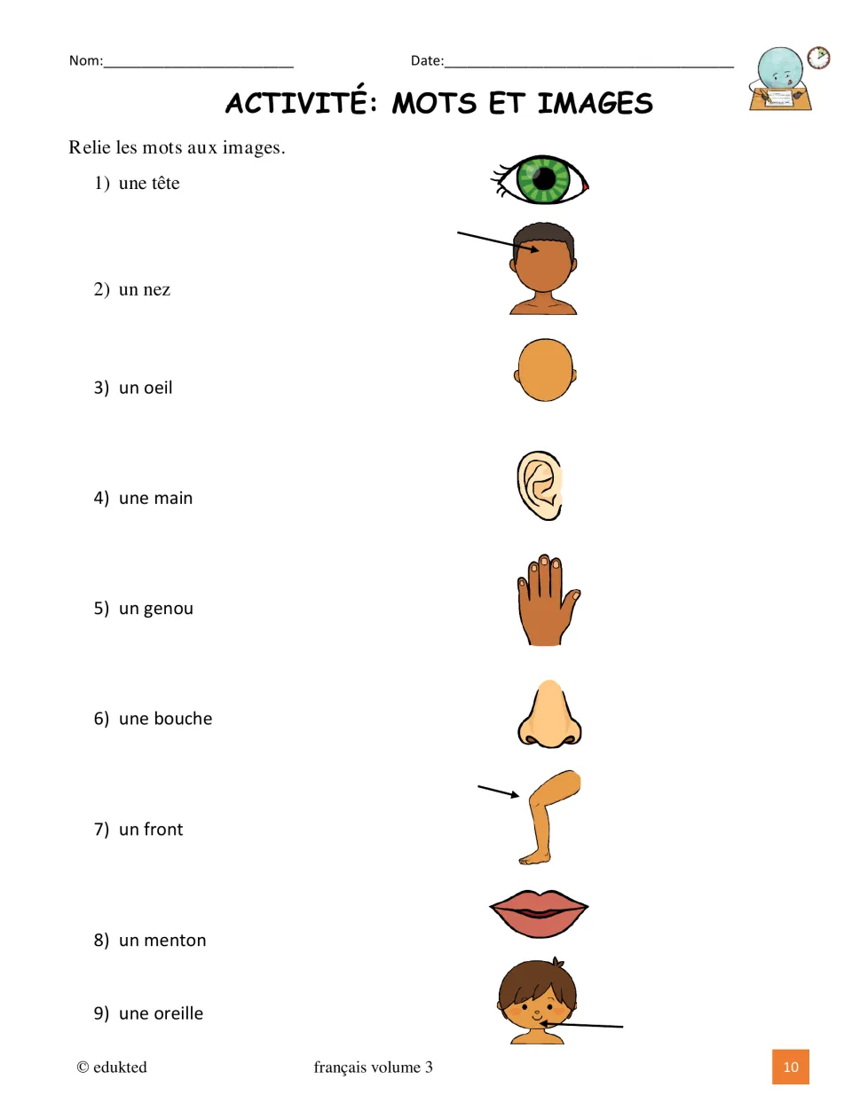 Body vocabulary matching activity asks students to connect nine French terms to pictures of body parts