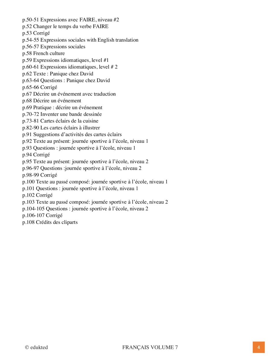 Second contents page lists social expressions, readings, event descriptions, comic writing and flashcards