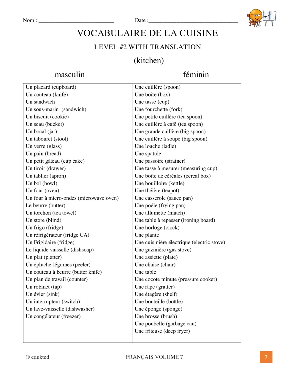 Level 2 French kitchen vocabulary reference adds un tablier (apron) and une louche (ladle), with translations