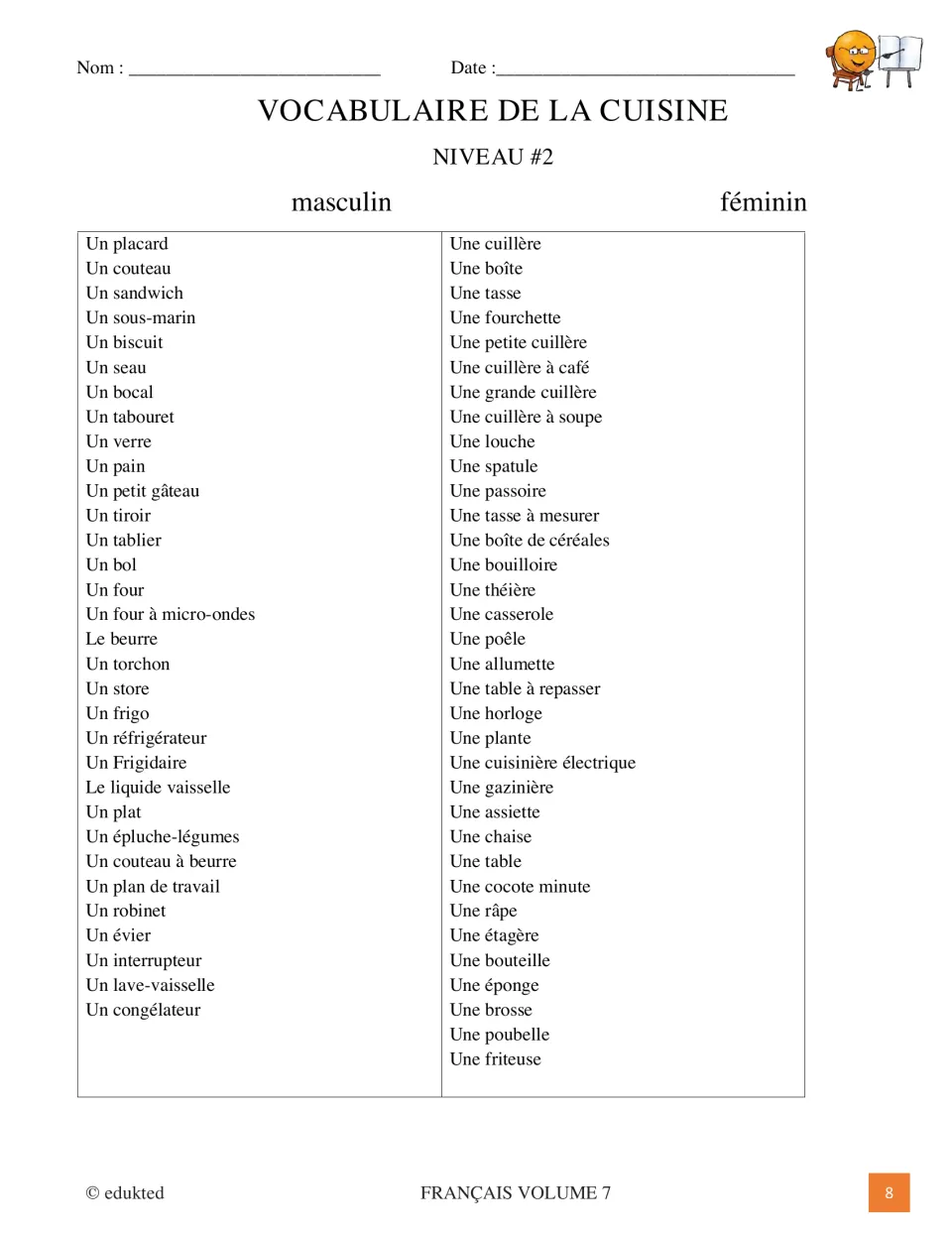 Level 2 French-only kitchen vocabulary reference includes un tablier (apron) and une louche (ladle)
