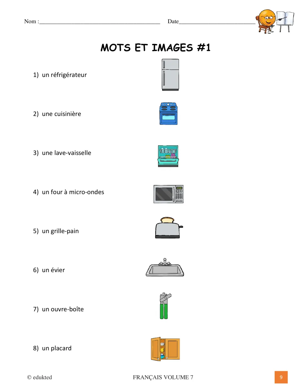 Kitchen picture reference pairs eight French terms with images, including un évier (sink) and un placard (cupboard)