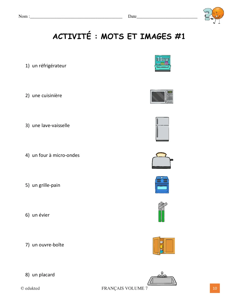 Kitchen vocabulary matching activity presents eight French terms and shuffled pictures of appliances and tools