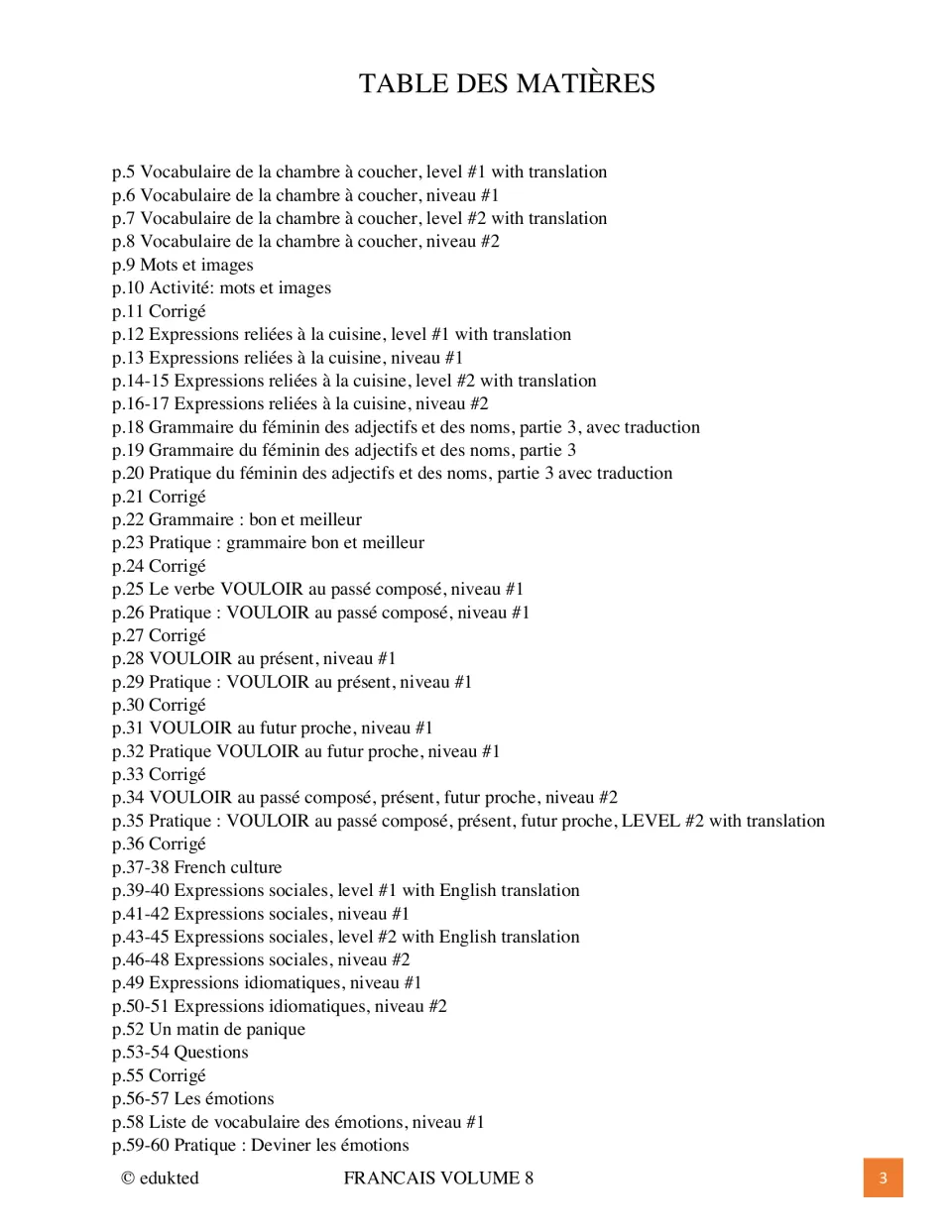First contents page lists bedroom vocabulary, kitchen expressions, vouloir (to want), readings, and emotions.
