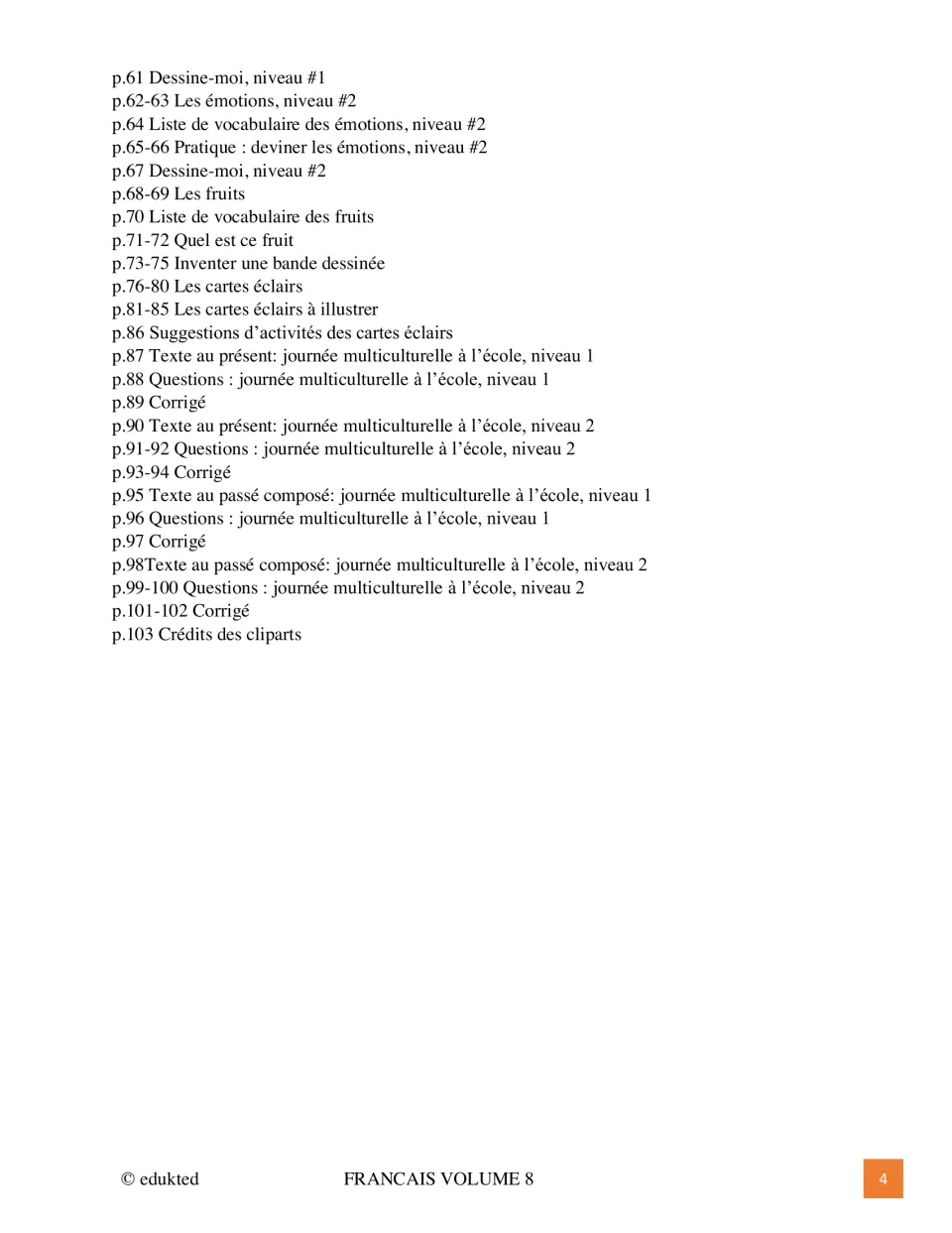 Second contents page lists emotions, fruits, comic creation, flashcards, and multicultural school day readings.