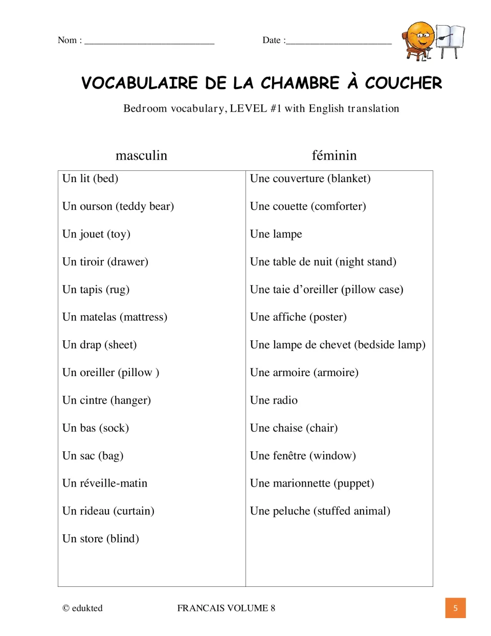 Level 1 bedroom vocabulary reference includes un lit (bed) and une couverture (blanket), with English meanings.