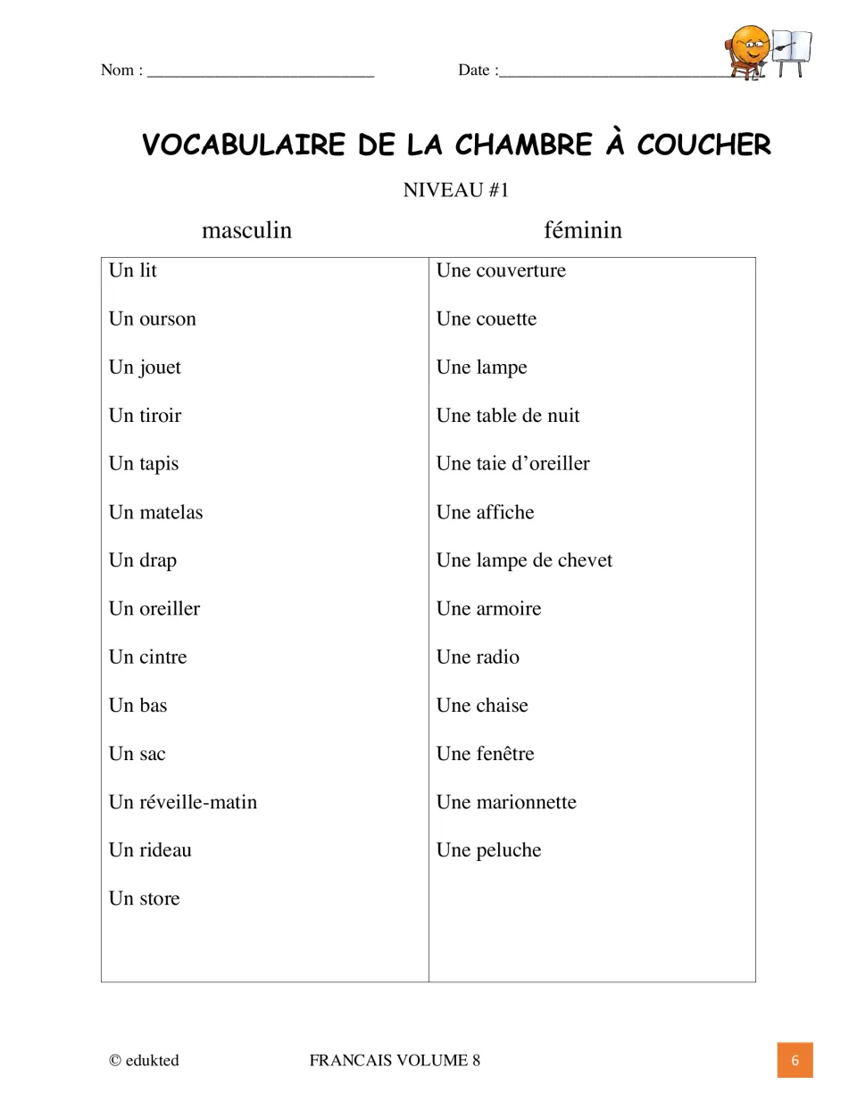 French-only level 1 bedroom vocabulary lists masculine and feminine nouns, including un lit (bed).