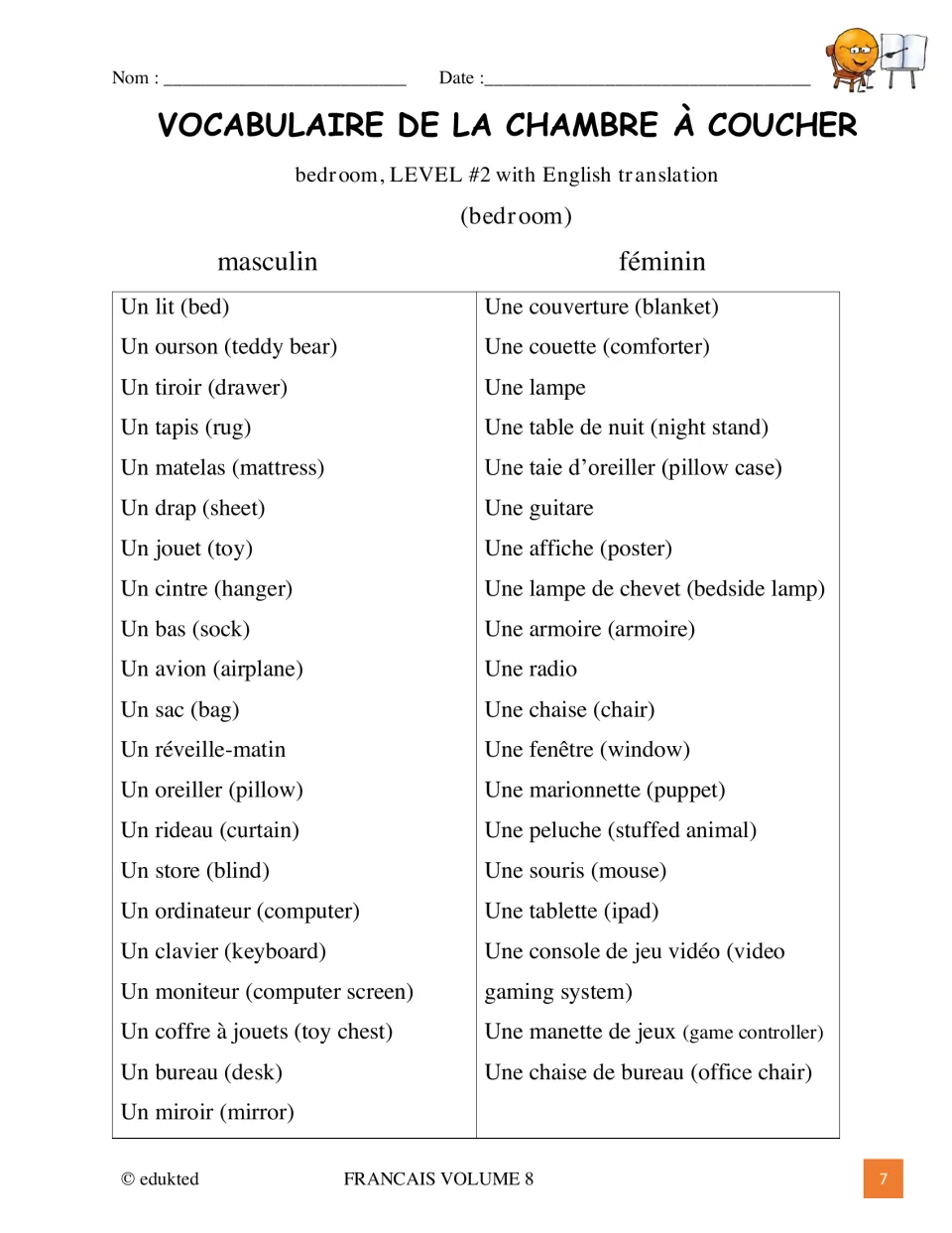 Level 2 bedroom vocabulary adds un ordinateur (computer) and un clavier (keyboard), with English meanings.