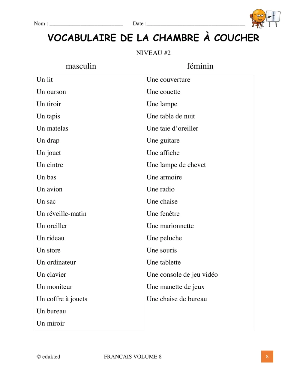 French-only level 2 bedroom vocabulary includes un miroir (mirror) and une chaise de bureau (office chair).