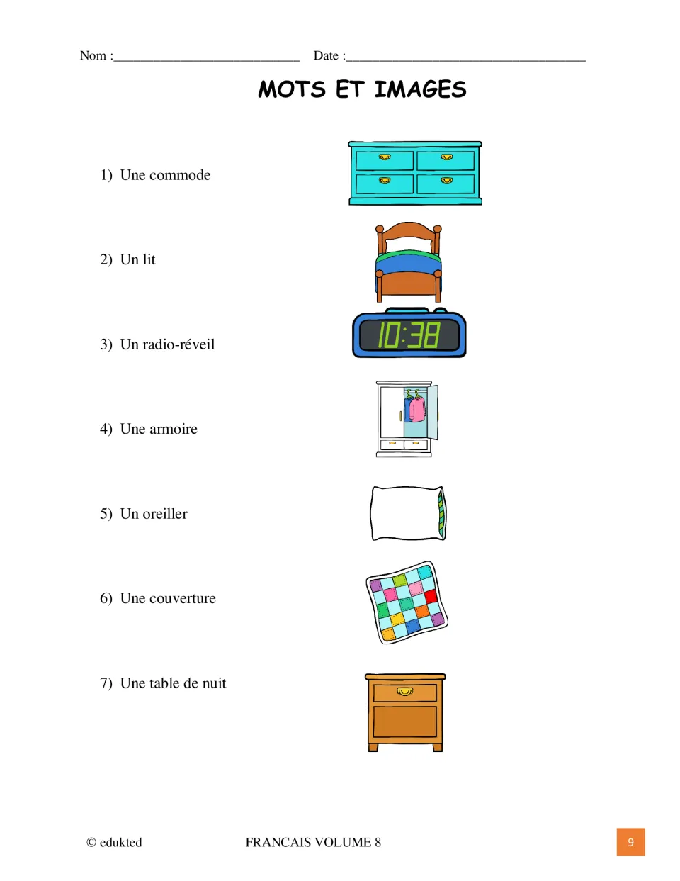 Bedroom picture reference pairs seven French terms with objects, including une commode (dresser) and un lit (bed).