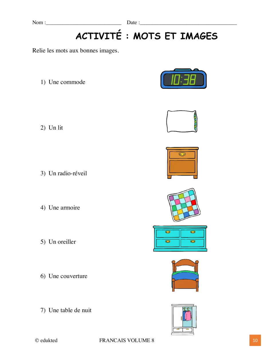 Bedroom vocabulary matching activity asks students to connect seven French terms to the correct object pictures.
