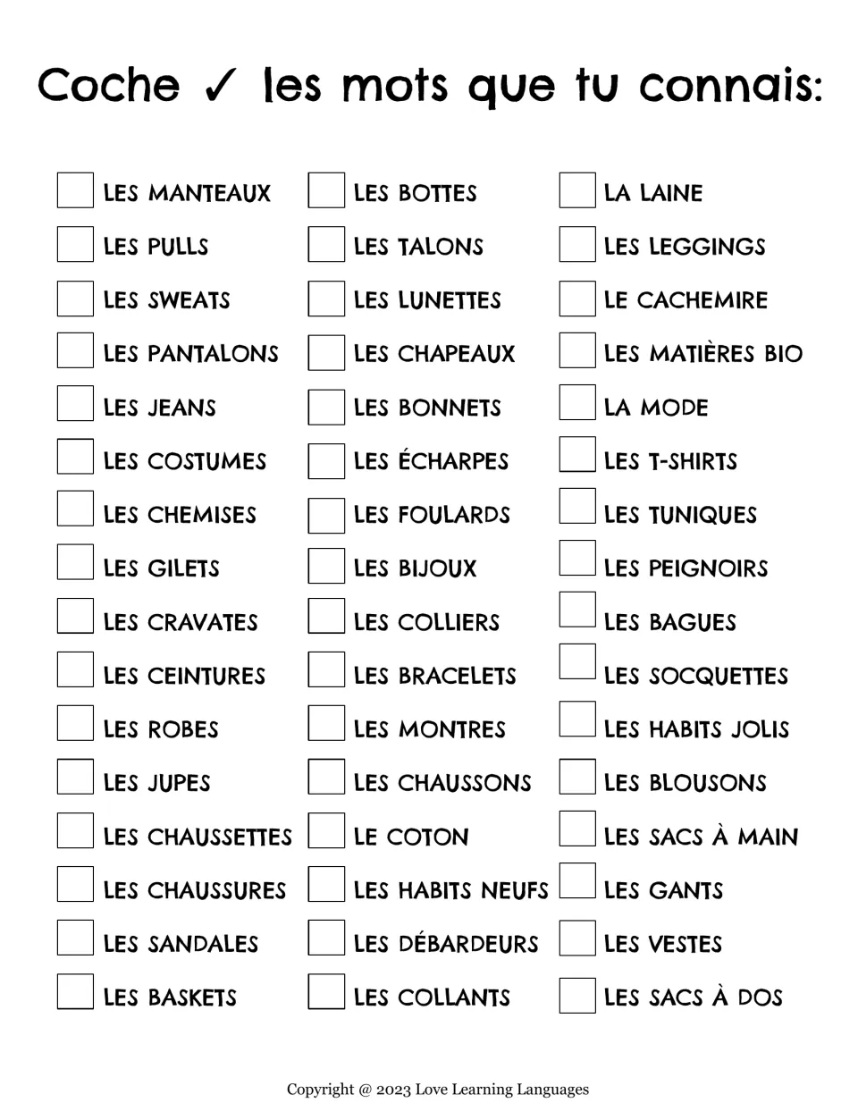 French clothing words checklist: students tick 48 words they know, from les manteaux and les bottes to les sacs à dos