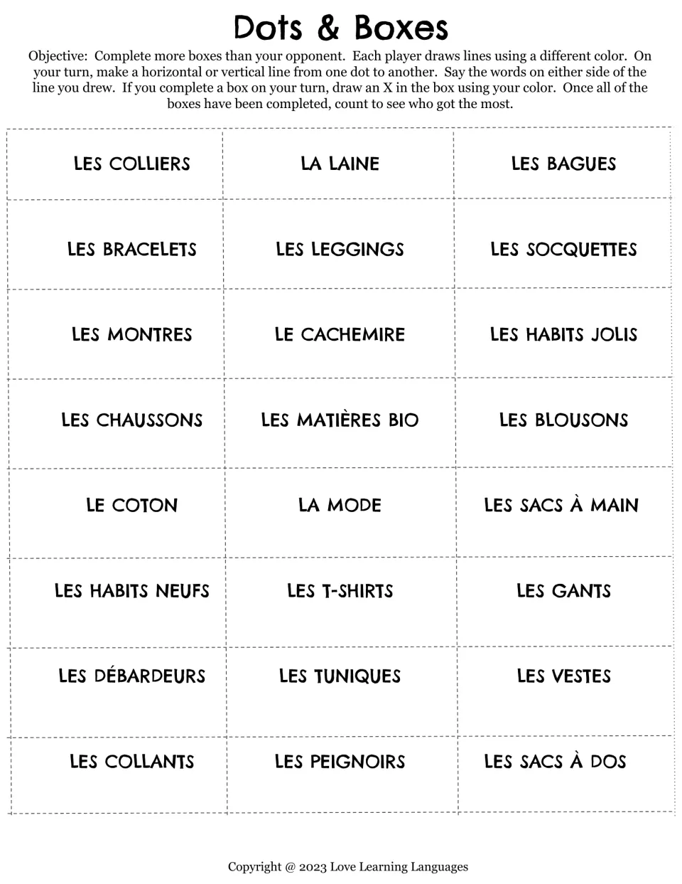 Dots & Boxes game, French set 2: players say clothing and accessory words aloud, like les colliers, la laine and les gants