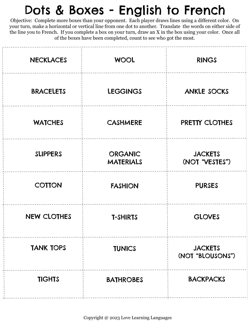 Dots & Boxes, English to French set 2: students translate necklaces, wool, slippers, purses and backpacks into French aloud
