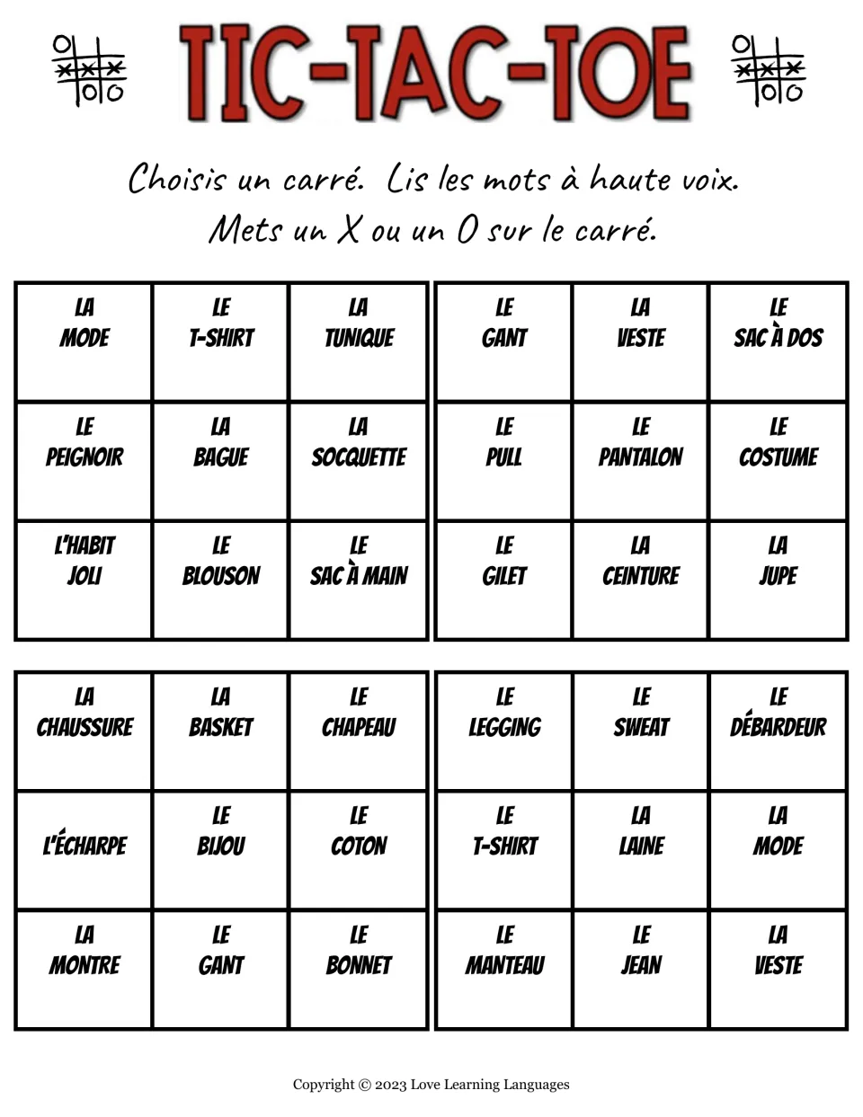 Tic-tac-toe, set 2: students read aloud la mode, le t-shirt, le sac à dos and more, then claim the square with X or O