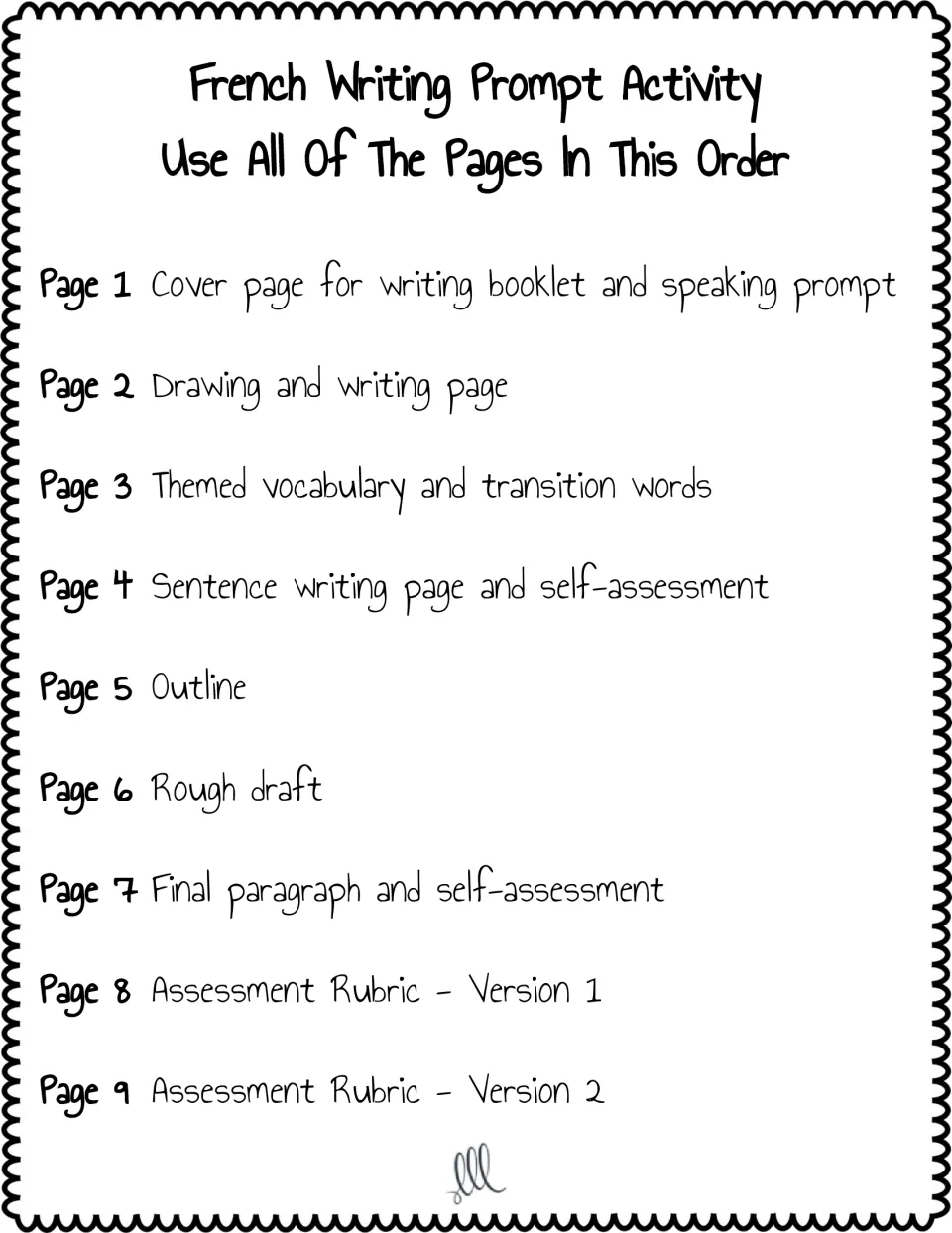 French writing prompt teacher guide listing the nine pages in order, from booklet cover and outline to two rubrics