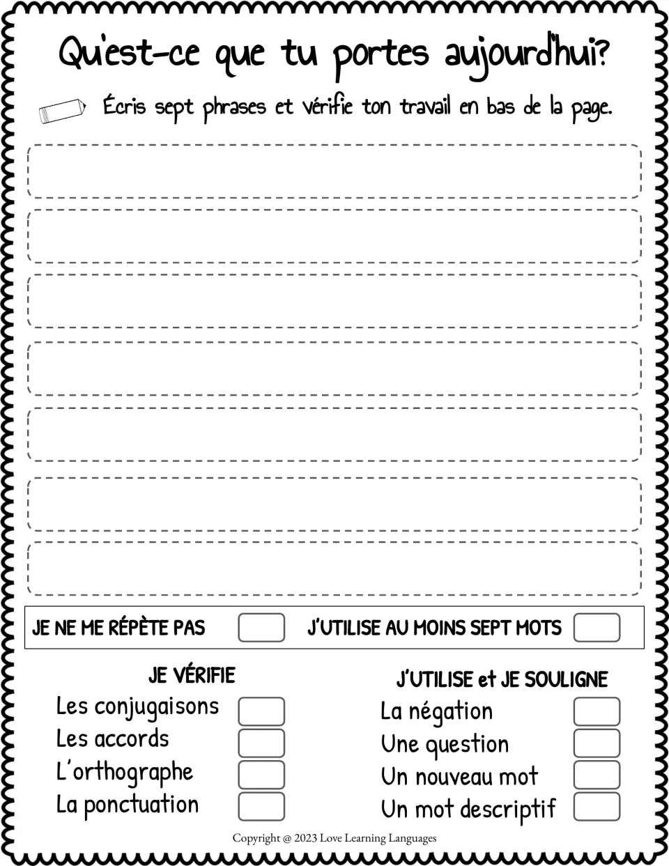 Sentence writing on clothing: students write seven French sentences, then check conjugation, agreement and spelling