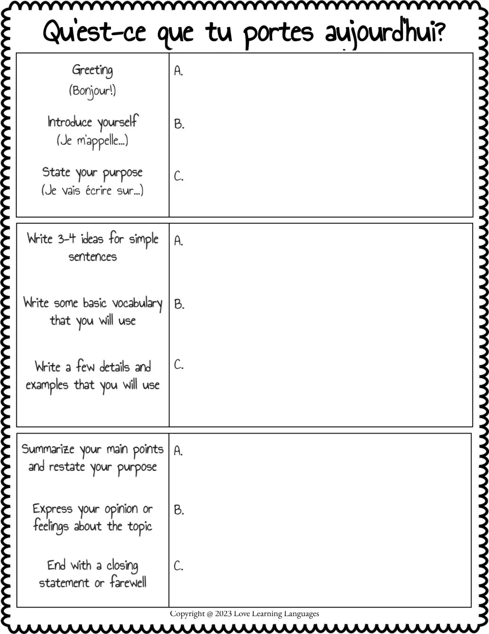 Paragraph outline: students plan a greeting, 3-4 ideas with vocabulary and details, and a conclusion with an opinion