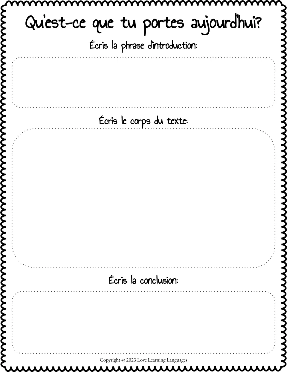 Clothing paragraph draft: students write an introductory sentence, the body of the text and a conclusion in French