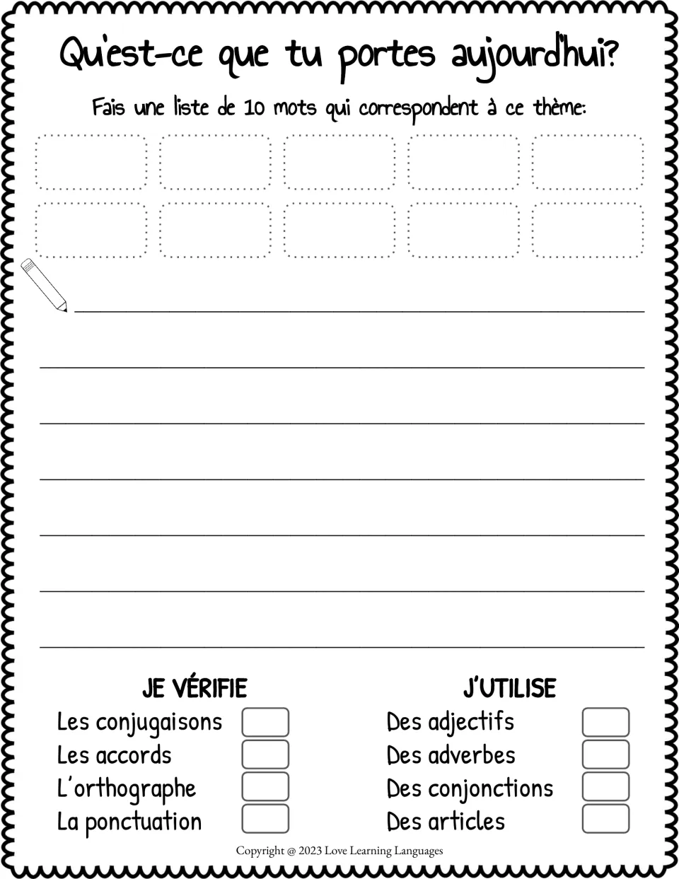 Theme word list: students list 10 clothing words, write sentences, and self-check for adjectives, adverbs and articles