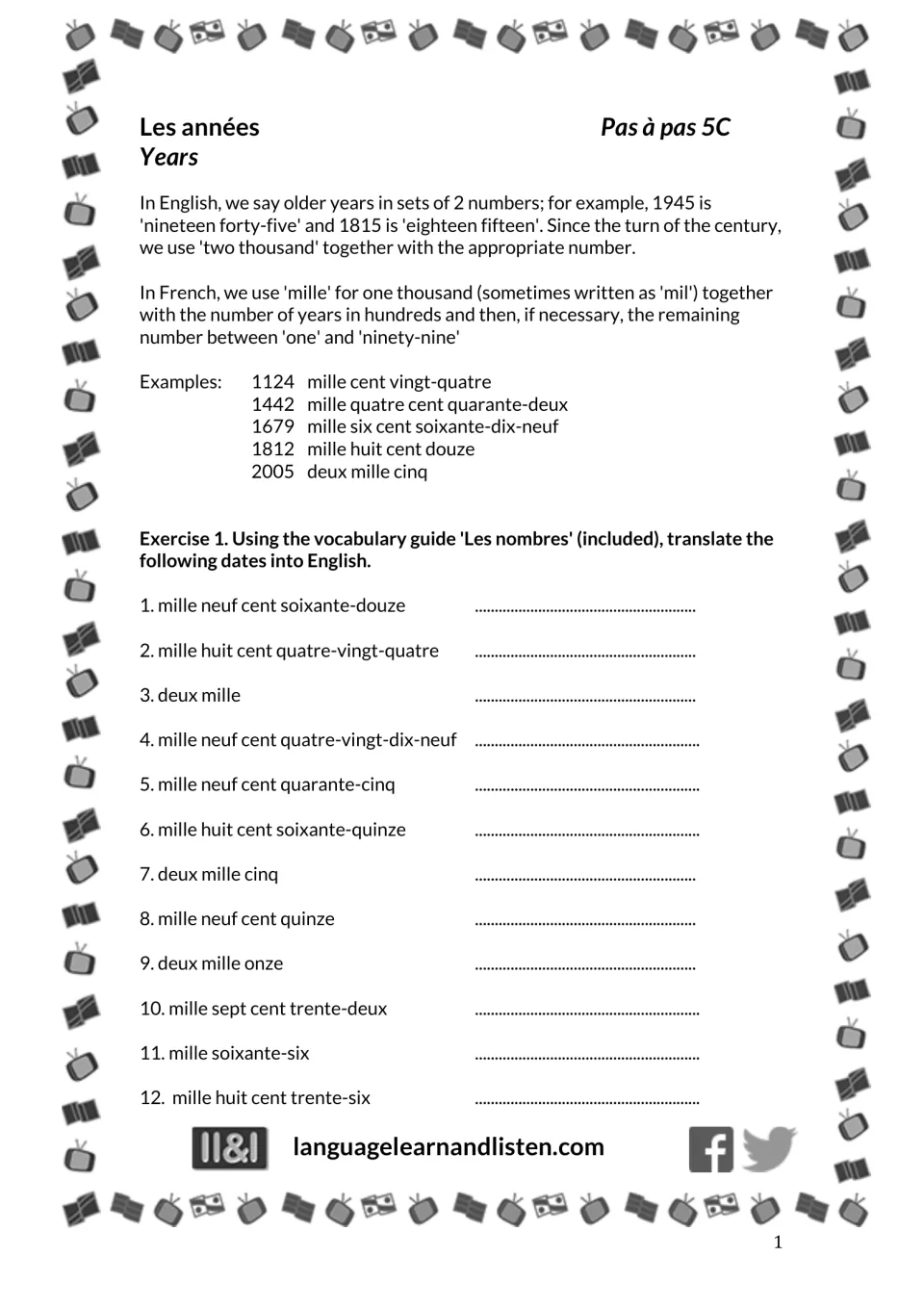 French years lesson with examples from 1124 to 2005 and French-to-English Exercise 1, items 1–12.