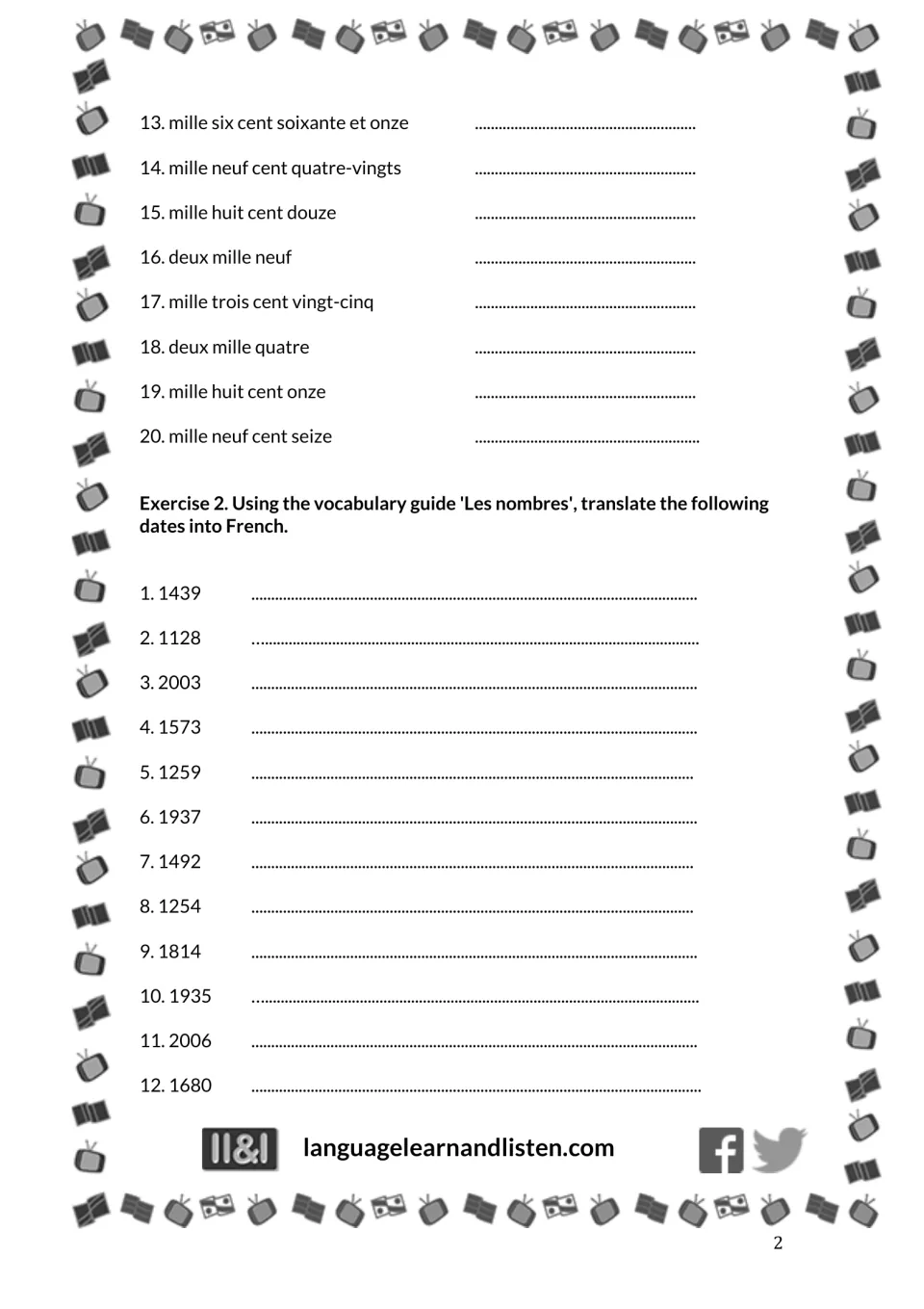 French years practice: Exercise 1, items 13–20, followed by English-to-French Exercise 2, items 1–12.