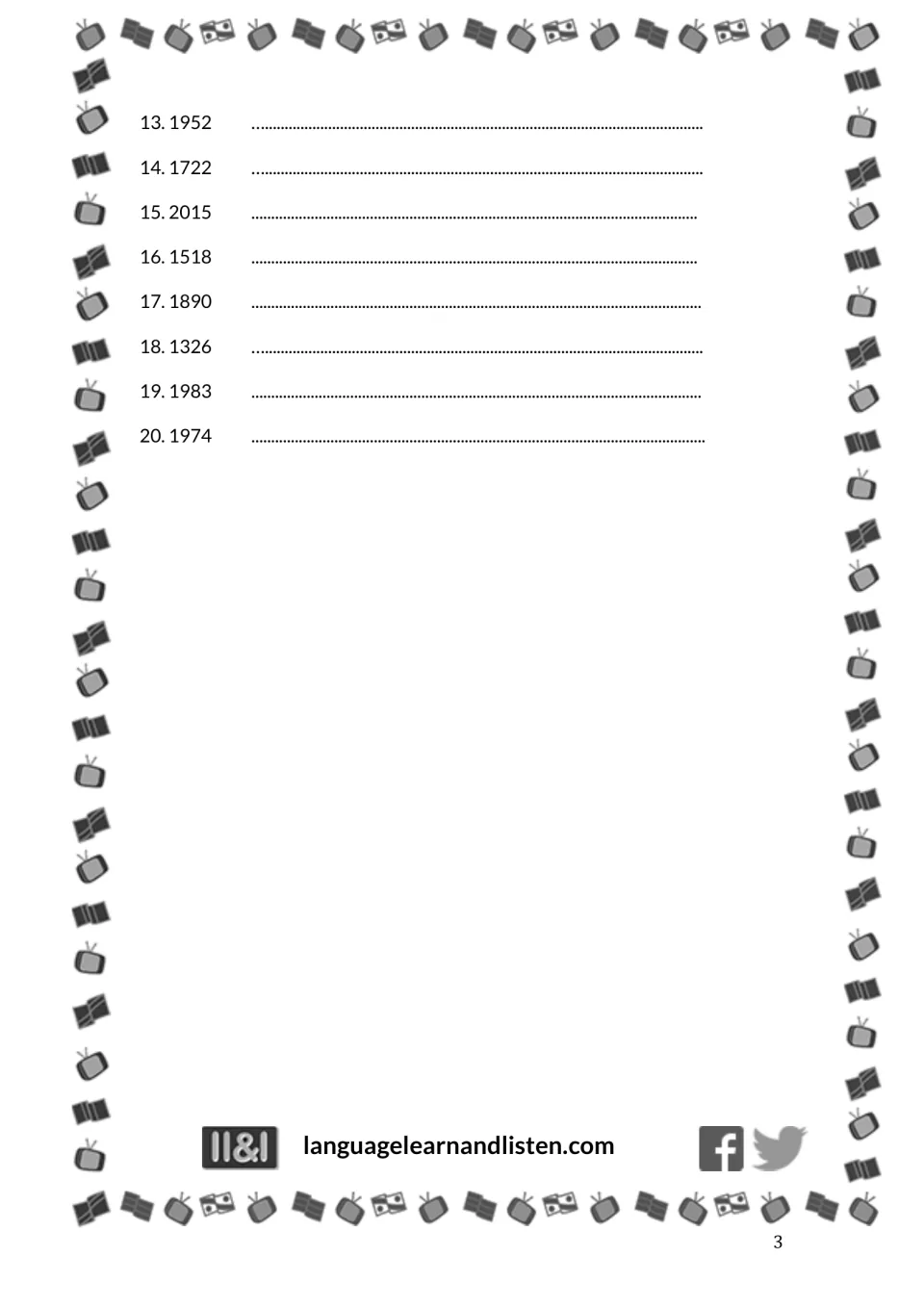 French years Exercise 2, items 13–20: translate 1952, 1722, 2015, 1518, 1890, 1326, 1983, and 1974 into French.