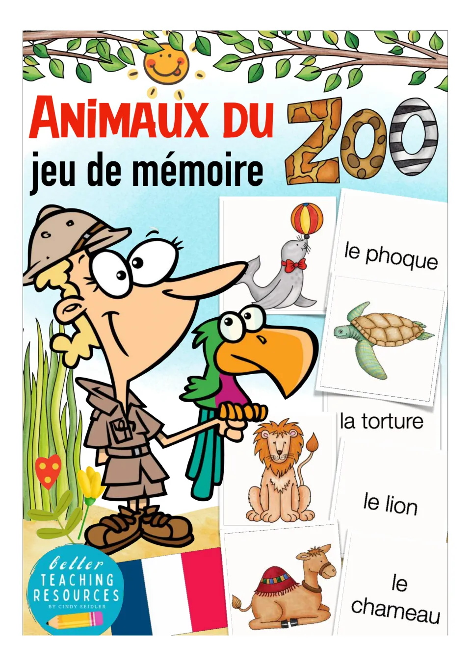 Cover of the French zoo animal memory game, showing sample seal, turtle, lion, and camel picture-and-word cards