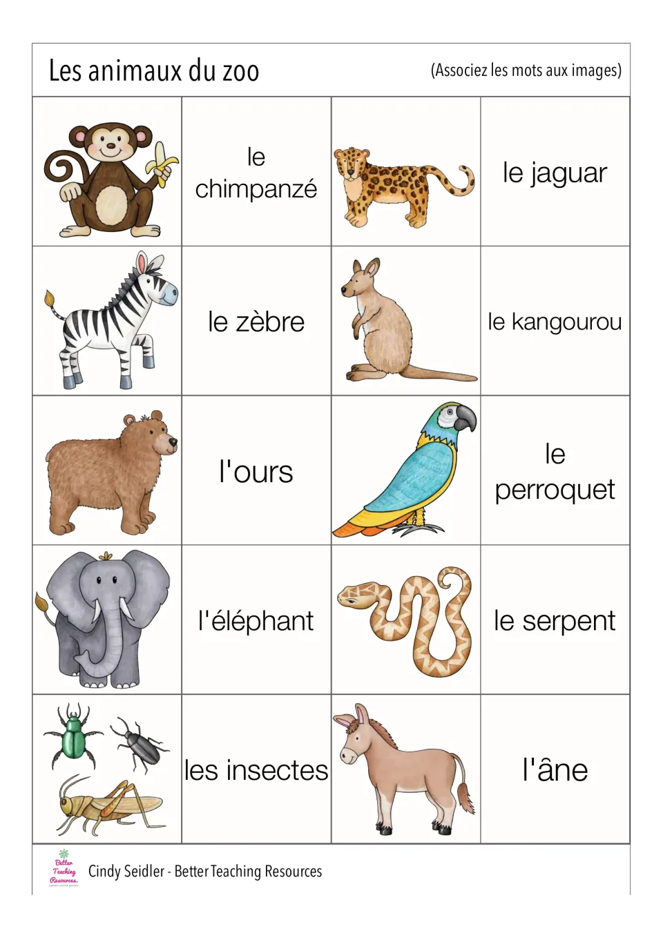French animal card pairs 1–10: le chimpanzé (chimpanzee), le zèbre (zebra), l'ours (bear), and seven more