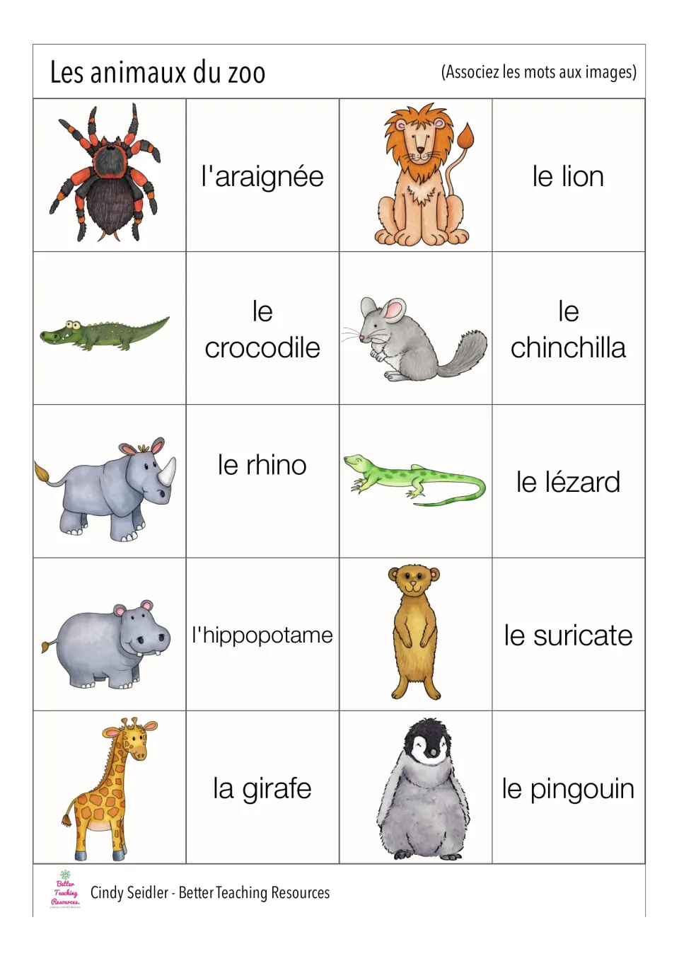French animal card pairs 11–20: l'araignée (spider), le crocodile (crocodile), le lion (lion), and seven more