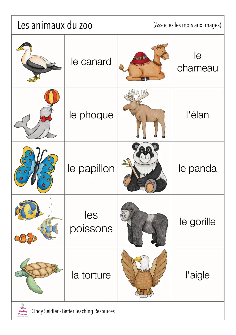 French animal card pairs 21–30: le canard (duck), le phoque (seal), la tortue (turtle), and seven more