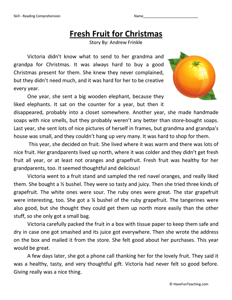 Fresh Fruit for Christmas - Reading Comprehension Worksheet teaching resource preview