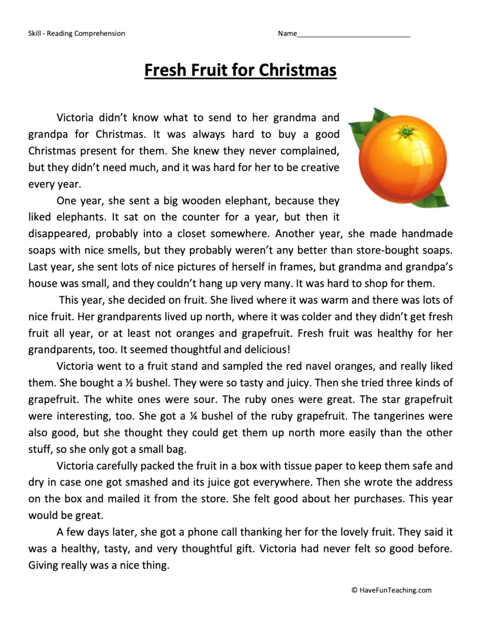 Reading passage about Victoria choosing and mailing fresh fruit to her grandparents as a Christmas gift.