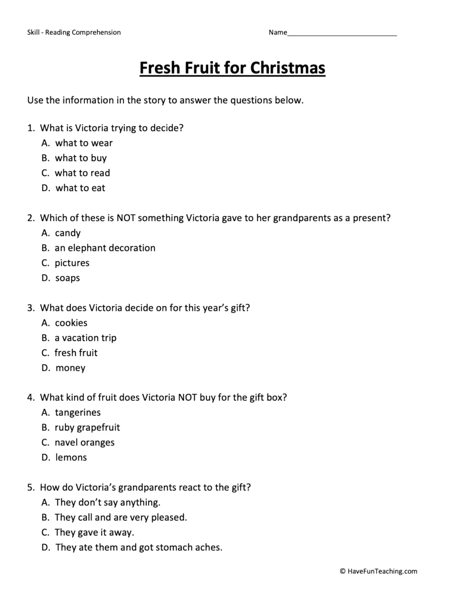 Five multiple-choice questions about Victoria's gift choice, past presents, fruit, and grandparents' reaction.